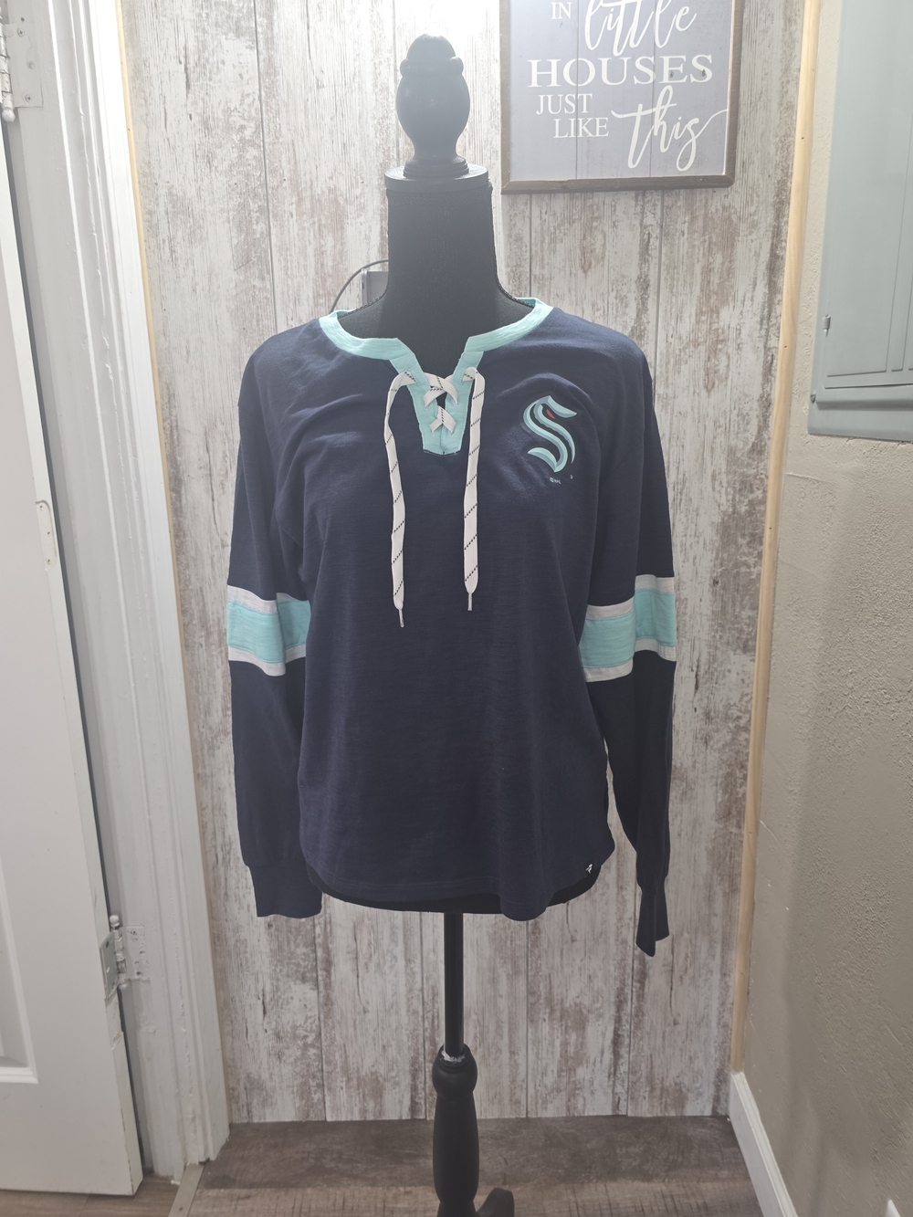 NHL Navy V-Neck Lace-Up Sweater with Mint Trim